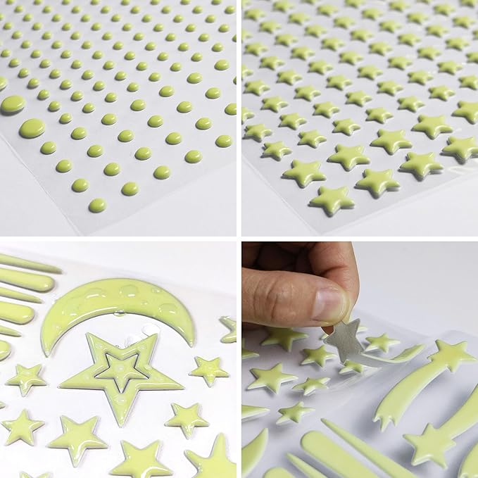 Glow in The Dark Stickers for Ceiling,447PCS Lasting and Bright Glow Stars,3D Glowing Star,Luminous Moon and Stars Decor,Decals for Kids Room.Party Birthday Gift.Green