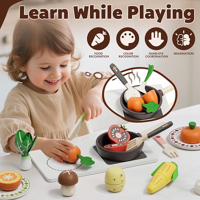 Wooden Play Food Sets for Kids Kitchen, Farm to Table, Play Kitchen Accessories Cutting Vegetables Toy, Pretend Play Food Cooking Games, Learning Resources Food for Kids 3+