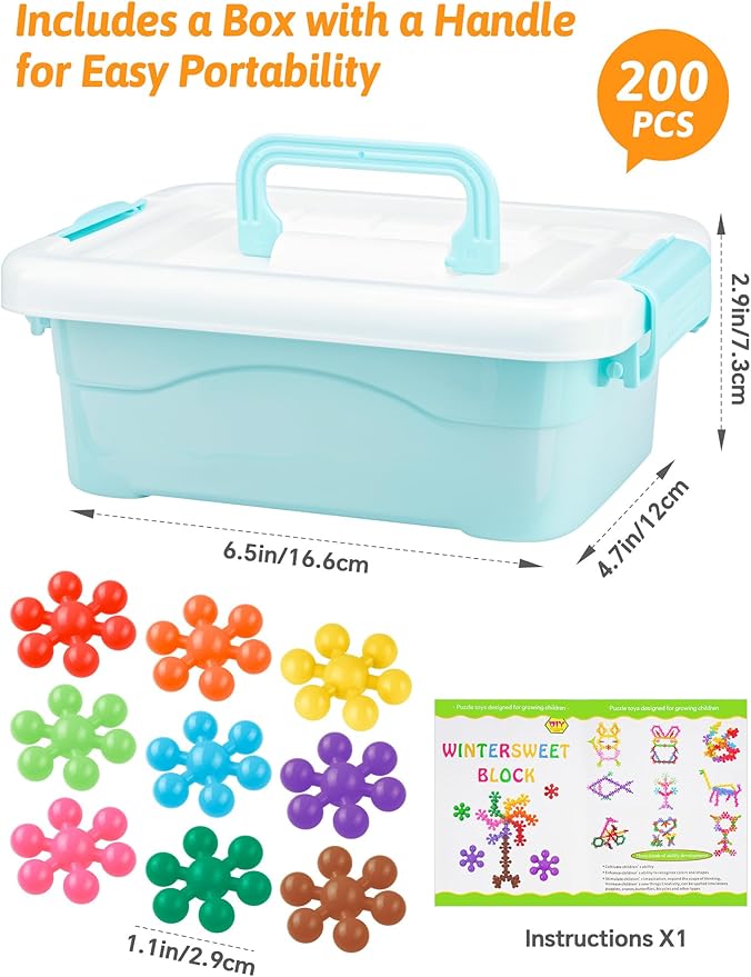 200PCS Interlocking Snowflake Building Block Toy for Kids Ages 3+ (Rainbow Colors)