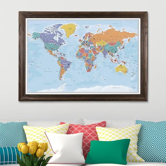 Push Pin Travel Maps - Blue Oceans World - Solid Wood Brown Framed Pin Map for Tracking Your Travels - 27.5" x 39.5" - 8 Handcrafted Frame Options - Made in USA - Ideal for Any Traveler