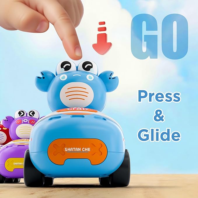 iPlay, iLearn Press to Go Crab Car Toys Set for Toddlers 1-3, Baby Push Go Friction Racing Cars, Infant Play Vehicle Set, 1st Birthday Gift for 12-18-24 Months, 1 2 3 One Yrs Old Boys Girls Child Kid