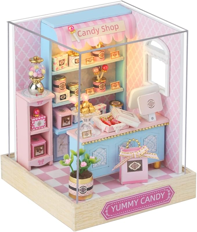 OZJAY DIY Miniature House Kit with Dust Proof Cover, 1:24 Scale Creative Room Mini DIY Wooden Dollhouse Miniature Kit for Adults Teen - Yummy Candy