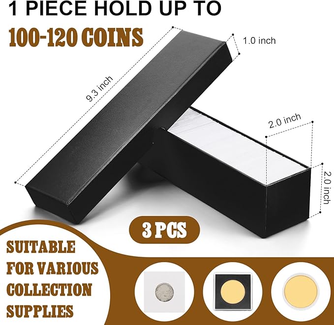 Teling 303 Pieces Coin Flips 3 Pcs 2 x 2 Inch Coin Storage Boxes 300 Pcs Cardboard Holders in 6 Sizes Collection Supplies for Collectors(Black)
