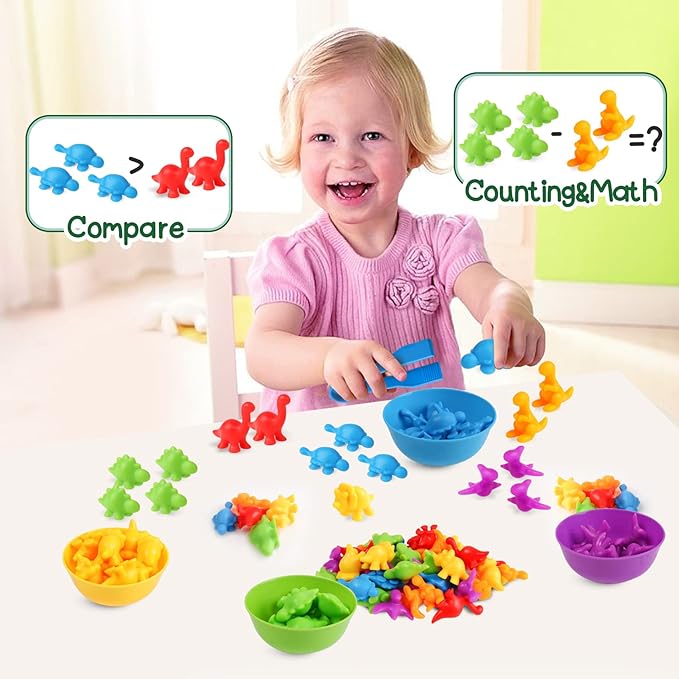 Skrtuan Counting Dinosaur Matching Toys with Sorting Bowls Montessori Preschool Educational Activities Learning Color Sorting Fine Motor Skills Sensory Toys Birthday Gift for 3 4 5 Year Old Boys Girls