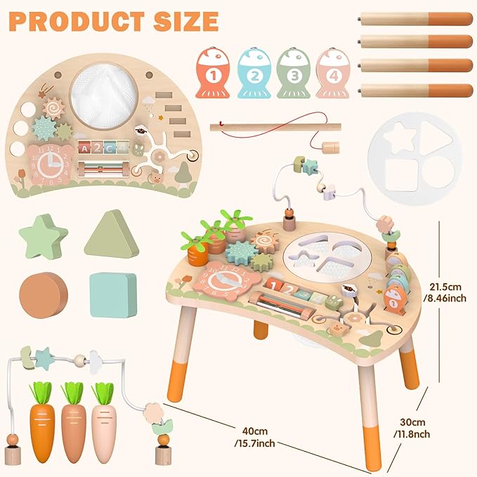 Activity Table for 1+ Year Old, 9-in-1 Montessori Wooden Activity Center with Shape Sorter Fishing Game Bead Maze, Baby Play Table Sensory Educational Toys for Toddler (Natural)