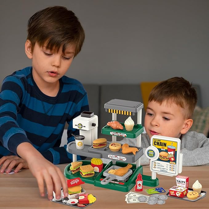 Kids Fast Food Pretend Play Set with Realistic Coffee Maker, Card Reader, Cash Register, Play Food (Burger, Fries, Sandwich), Play Money - Educational Toy Kitchen for Ages 3+