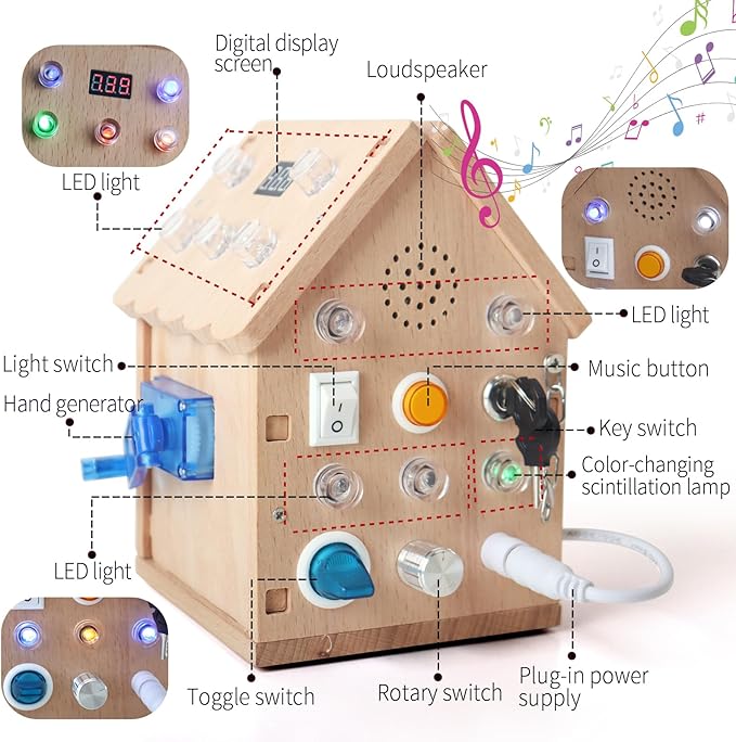 Sound and Light Busy House Wooden Montessori Busy Board, Light Switch Games Toddler Sensory Toys Montessori Toys for 3+ Year Old Gifts for Boys and Girls