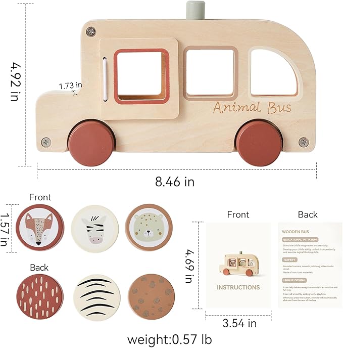 Wooden Animal Bus Toy with 3 Removable Animal - Shaped Discs, Designed with Pop Up, Roll and Ride Toy for Toddler Aged 3 Years and Up, Interactive Montessori Educational Toy for Toddlers' Daily Play