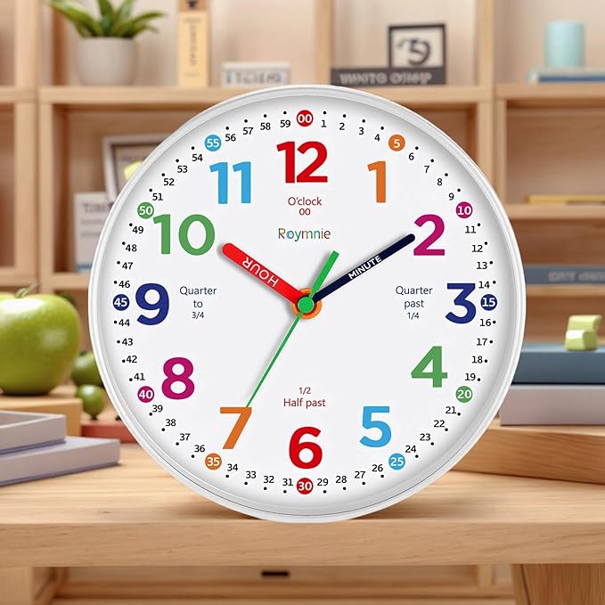 Roymnie14 Inch Wall Clock for Kids Learning to Tell Time Large Analog Silent Battery Operated Teaching Clock Silent Colorful Teaching Time Ideal Gift for Kids Room School(White Grain)