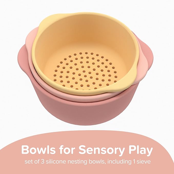 Inspire My Play - 3 x Nesting Bowls and Sieve - Perfect for Sensory PlayTray - Sensory Bin Accessories - Special Education Classroom Supplies - Montessori Education Toys - Coral