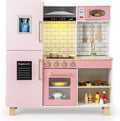 Costzon Kids Kitchen Playset, Wooden Pretend Play Kitchen with BBQ Grill, Ice Maker, Range Hood, Blackboard & Cooking Accessories, Toy Kitchen Set with Lights & Sounds, Gift for Toddlers Ages 3+