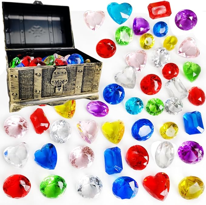 HappyFiller 82 pcs of Faux Acrylic Diamond,5 Sizes × 8 Colors Gems Treasure Gemstone Set Include Pirate Treasure Box Collection,Pool Scavenger Hunt Diving Jewels,Tabletop Decor,Party Favors