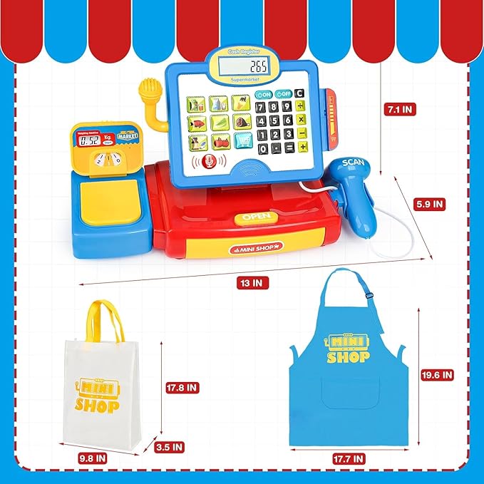 Cash Register Toy for Kids with Real Calculator, Cashier Register with Scanner/Weighter/Credit Card/ Play Money/ Food/Microphone, Pretend Play Store with Apron and Shopping Bag for Kids 3 4 5 6 7