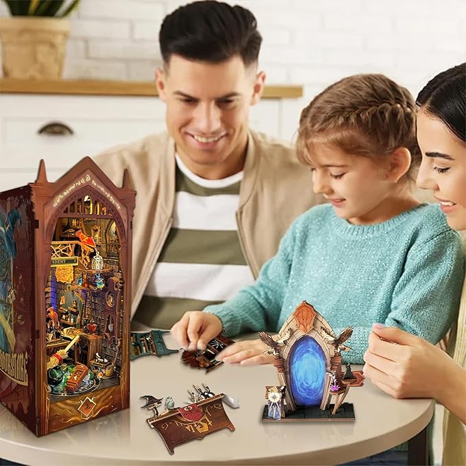 DIY Book Nook Kit, DIY Miniature Dollhouse Kit for Adults and Teens, Book Nook Bookshelf Insert Decor 3D Wooden Puzzle Bookend Miniature Kit with Sensor Light Creative Craft (Magic Academy)
