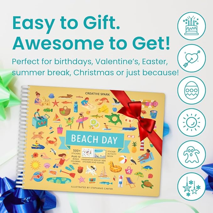 CUPKIN Sticker Book for Kids 2-4, 500+ Kids Stickers, Beach Day 12 Coloring Pages 12 Side by Side Scenes, Fun Toddler Travel Activity Coloring and Sticker Books for Children Ages 4-8 + 8-10