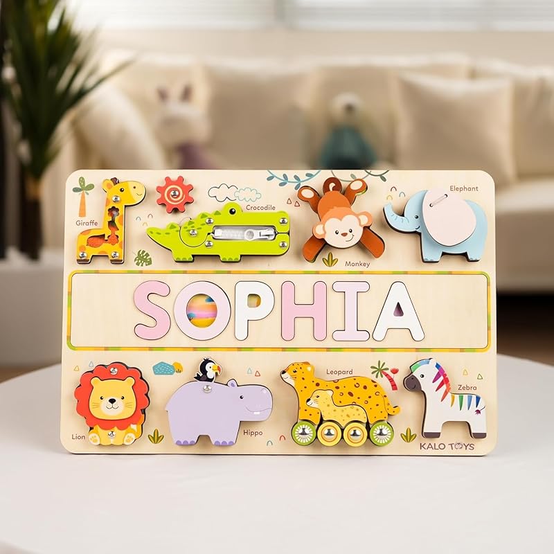 Personalized Wooden Name Puzzle for Toddlers 1-3 - Montessori Wooden Safari Sensory Toy with Jungle Animals, Custom Educational Learning Toys, Perfect Birthday Gift for Boys & Girls