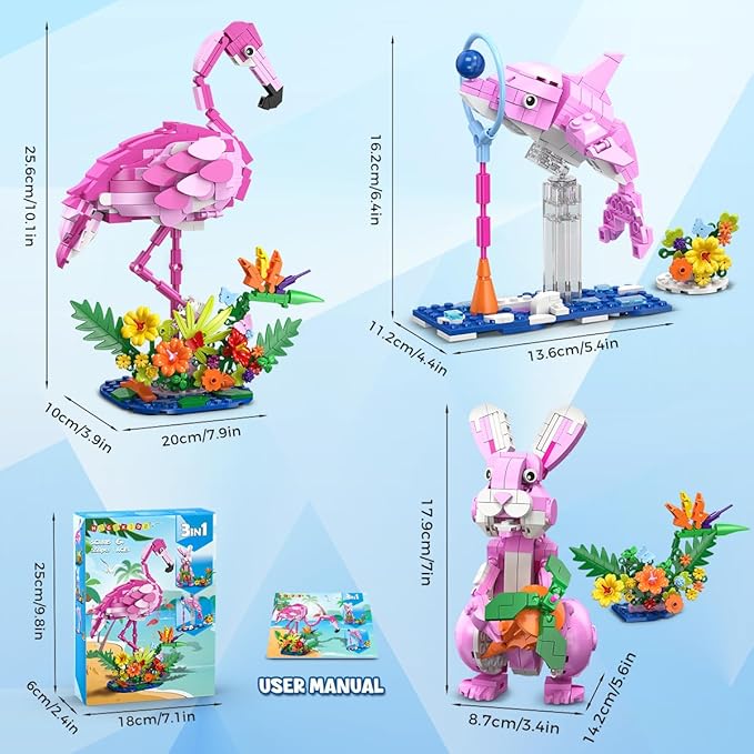 HOGOKIDS 3 in 1 Pink Flamingo Building Set with Flowers, Animal Figure with 3 Building Options - Flamingo, Bunny, or Dolphin, 558PCS Creative Easter Birthday Gift, Learning Toy for Kid Girl Boy Age 6+