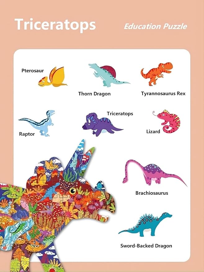 PINU Jigsaw Puzzles for Kids Ages 3-5, 6-8, 8-10, Children Colorful Fun Animal Shaped Puzzle Learning Educational Toys Gifts Games for Boys and Girls (Triceratops-150 PCS)