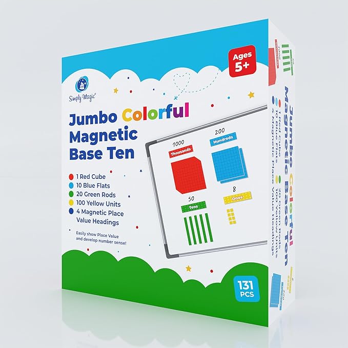 Simply magic 131+4 PCS Jumbo Colorful Magnetic Base Ten Blocks for Math + Headings - Place Value Manipulatives Magnets, Math Manipulatives, Base 10 Blocks, Counters for Kids, Classroom Must Haves