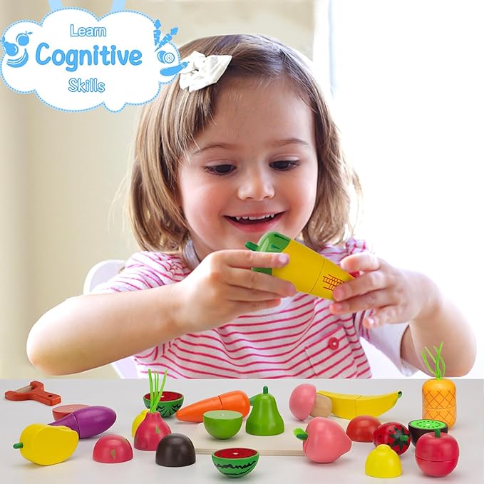 Wooden Play Food Sets for Kids Kitchen - Cutting Fruits and Veggies Toddler Toys Pretend Food Play Kitchen Accessories Montessori Educational Toys Gifts for Kids Boys Girls 3+