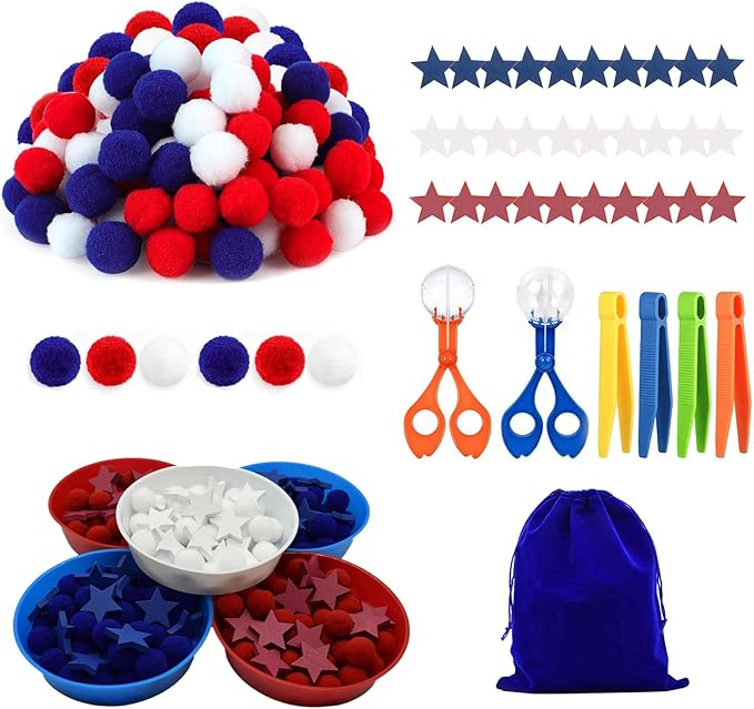 142pcs Fine Motor Skills Counting Sorting Sensory Bin Filler -100pcs Pompoms 30 Pcs Wooden Stars 5 Cups 4 Tweezers 2 Scissors 1pcs Storage Bag for Early Education Train (Blue White)