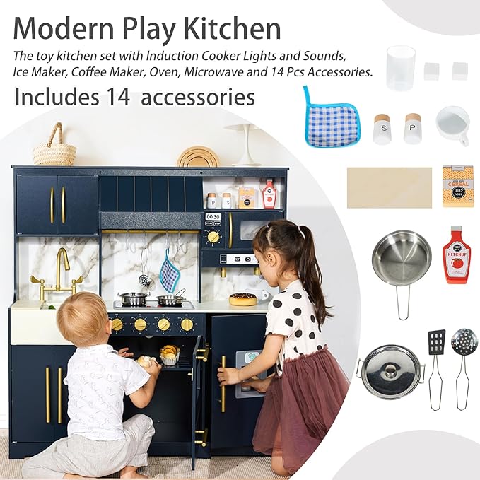 Wooden Play Kitchen for Kids with 14 Pcs Accessories, Interactive Pretend Play Kitchen Toys Set with Realistic Features, Learning Toy Gift for Boys & Girls Ages 3+ (Dark Blue)