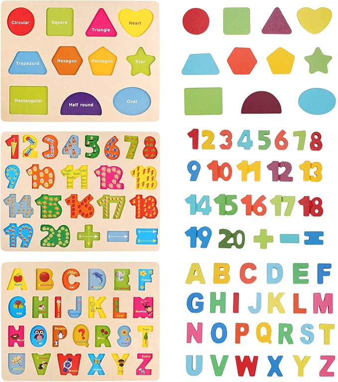 Wooden Puzzles for Toddlers, LENNYSTONE Wood Alphabet Number Shape Puzzles Kids Preschool Learning Toys for Boys Girls Ages 2 3 4 5 Year olds