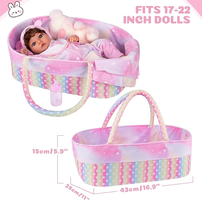 BABESIDE 8 Pcs Reborn Baby Doll Clothes with Bassinet for 17-22 Inch Babydolls, Reborn Baby Doll Accessories fit Newborn Dolls Girls, Colorful Baby Dolls Clothes