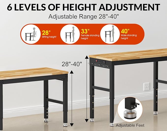 84” Heavy Duty Work Bench, 2-Layer Adjustable Workbench, 5000 LBS Capacity Work Bench with Power Outlet & Pegboard, Rubber Wood Work Table for Garage, Workshop, Office, Home