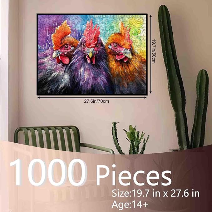 Tucocoo 1000 Piece Jigsaw Puzzles for Adults Watercolor Chickens Painting Jigsaw Puzzle Funny Farm Animals 1000 Pieces Puzzles for Game Nights Roosters Colorful Art Wall Decor DIY Craft Puzzle Gifts