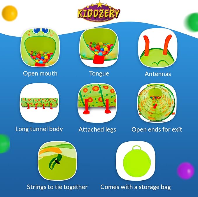 Kiddey Caterpillar Kids Play Tunnel and Tent with 50 Balls 2 Pc. Crawl Through Baby Ball Pit Pop up for Toddler and Babies, Indoor & Outdoor Jungle Gym Party Gift | Crawling Tunnels & Tents