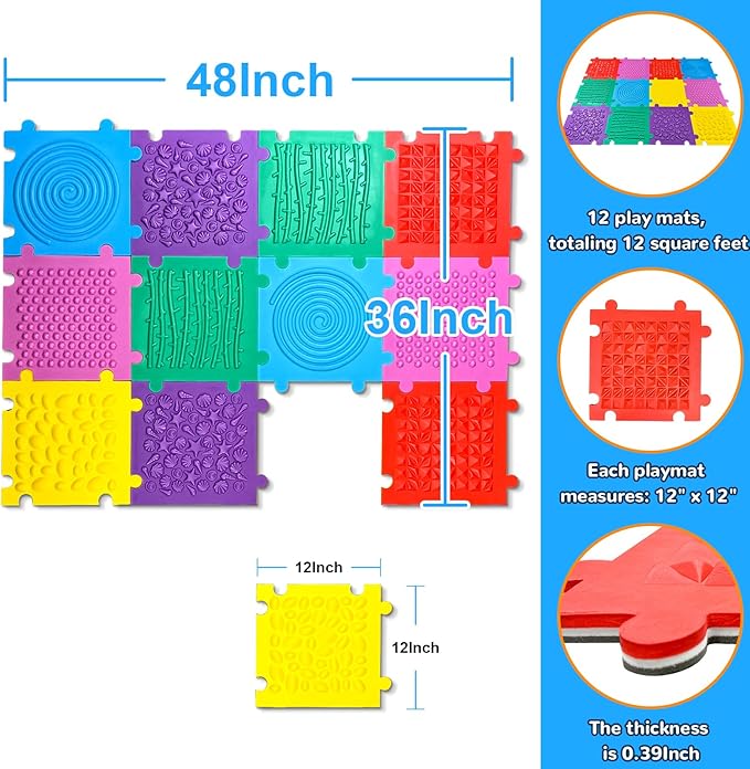 Foam Play Mat for Kids: 6 Pieces Square EVA Foam Interlocking Tile Floor Puzzle Mat, Infant and Toddler Play Mat, Soft Non-Toxic Sensory Floor Tiles for Baby Gym, Nursery, Playroom