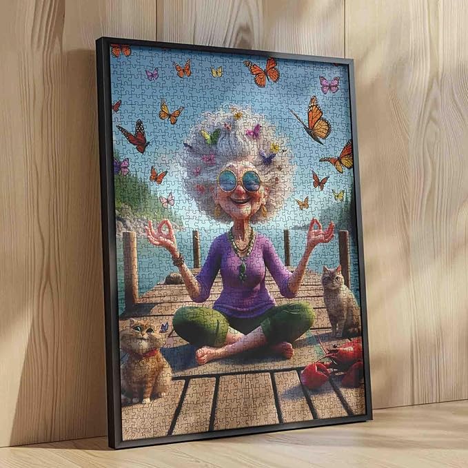 Funny Grandma Meditation Yoga Jigsaw Puzzle for Adults Students 1000 Pieces Butterfly Cat Lobster Relaxing Lake Scenery Whimsical Animals 20×27 Inches Large Puzzle Brain Challenge Gift for Women Men