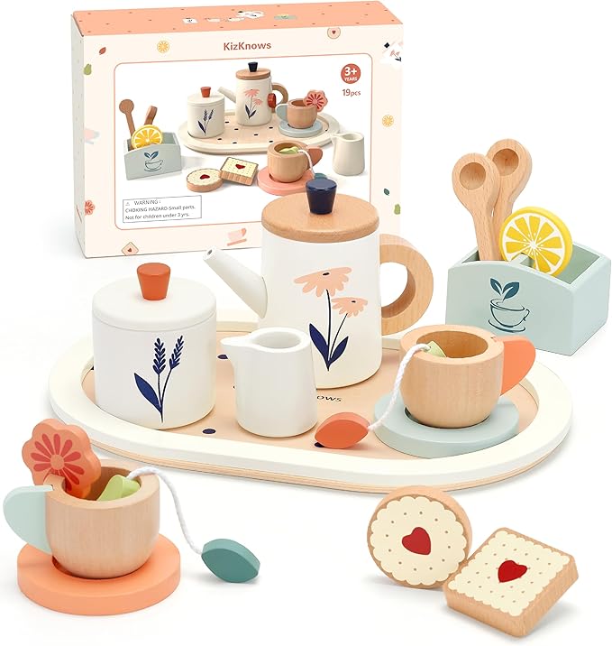 Wooden Tea Set for Toddlers,Wooden Tea Party Set for Kids Pretend Play Food Toy Set Kitchen Accessories Tea Time Party with Play Food for Girls and Boys 3 Years and up
