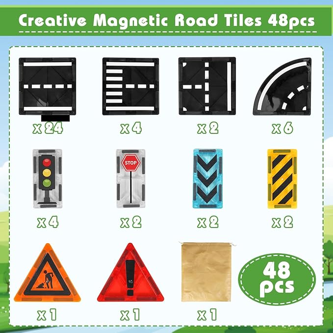 Magnetic Tiles Road Expansion Pack 48 PCS, Magnet Tiles for Kids Ages 3-5 4-8 5-7, Expansion Magnetic Building Blocks Educational STEM Creativity Toys 3+ Year Old Boys & Girls Toddlers Kids Gifts