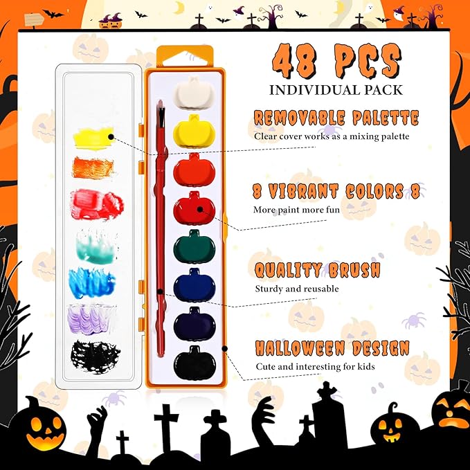 48 Pack Halloween Pumpkin Watercolor Paint Set for Kids 8 Washable Colors with Brushes Water Color Painting Kit for Halloween Painting Kit Gift Party Supplies