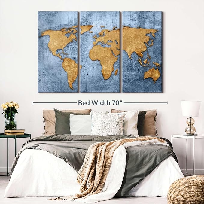 ElephantStock Azure World Map Wall Art Multi Piece Canvas - 3 Panel Wall Decor - Map of the World Art - Canvas for the Office and Home - 65" X 42"