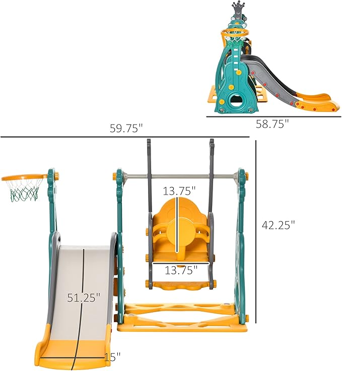 Qaba 4 in 1 Toddler Swing and Slide Set, Kids Slide for Aged 1.5-3 with Climber, Ultra-Safety, Basketball Hoop, Baby Playground Set, Fun Indoor/Outdoor Playset Exercise Toy