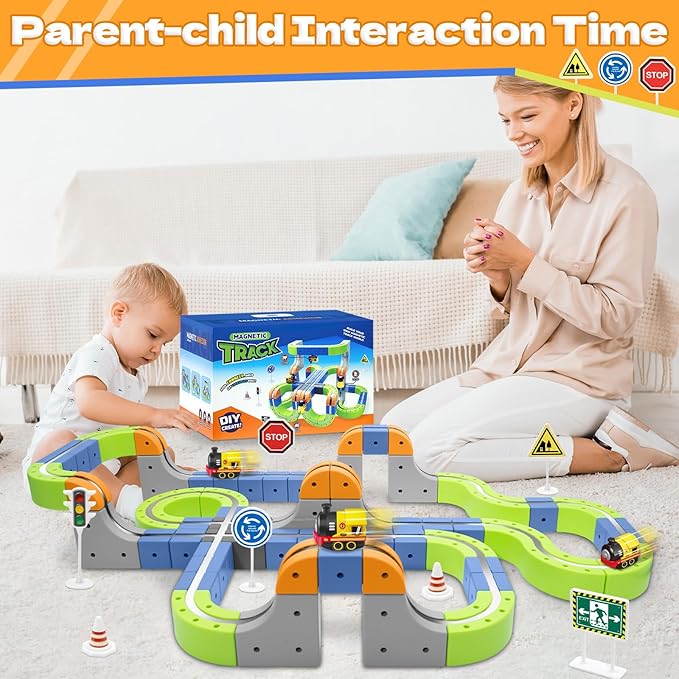 Magnetic Track Car Toys, 101PCS Flexible Race Car Track Sets for Toddlers with Electric Train, Traffic Signs, Kids Train Set Toys for 3 4 5 6 7 8 Year Old Boys Girls Birthday Party Gift-Large