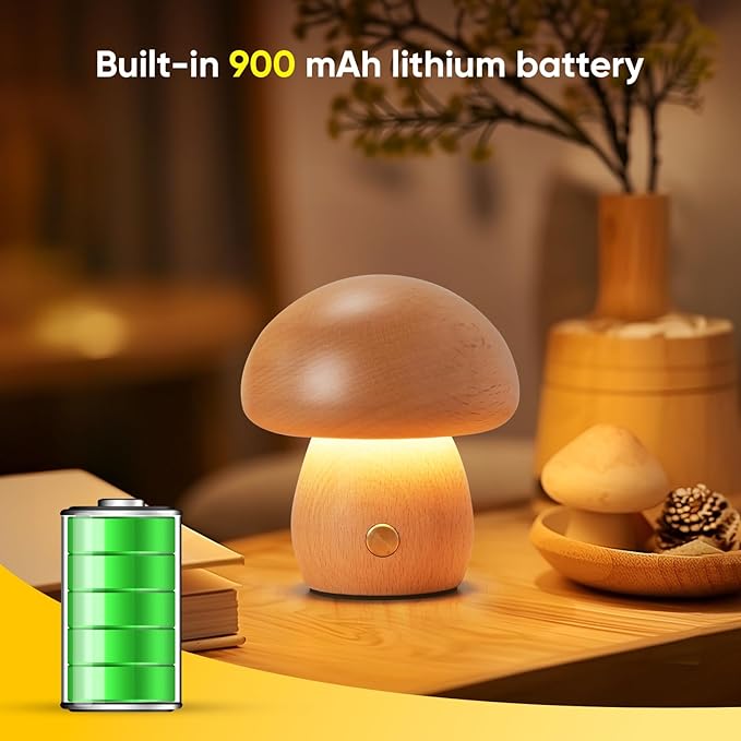 Wooden Mushroom Lamp, Portable Cordless Rechargeable Battery Operated Lamp,Stepless Dimming, Night Light for Birthday Gifts