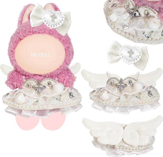 Cloth for 15cm ＆ 17cm Doll, 2pcs Doll Clothes Outfit Set for 1st/2nd/3rd Gen Dolls, Include - Crystal White Dress , White Bow, Angel Wings