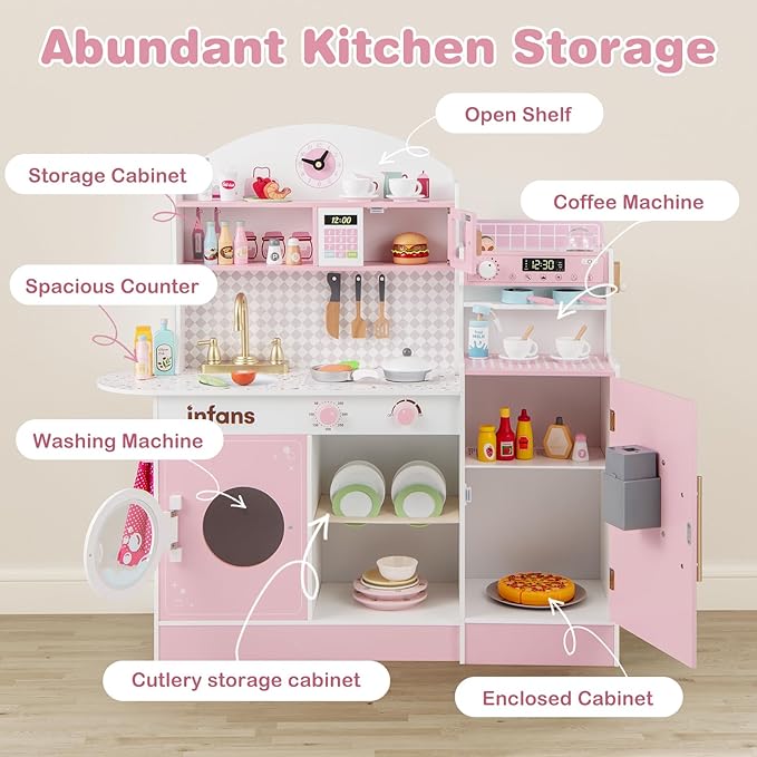 INFANS Kids Kitchen Playset, Toddler Wooden Kitchen Pretend Cooking Toy Set with Coffee Maker Ice Machine Dishwasher Microwave Storage Cabinet, Simulation Play Kitchen for Boys Girls 3+ (Pink)