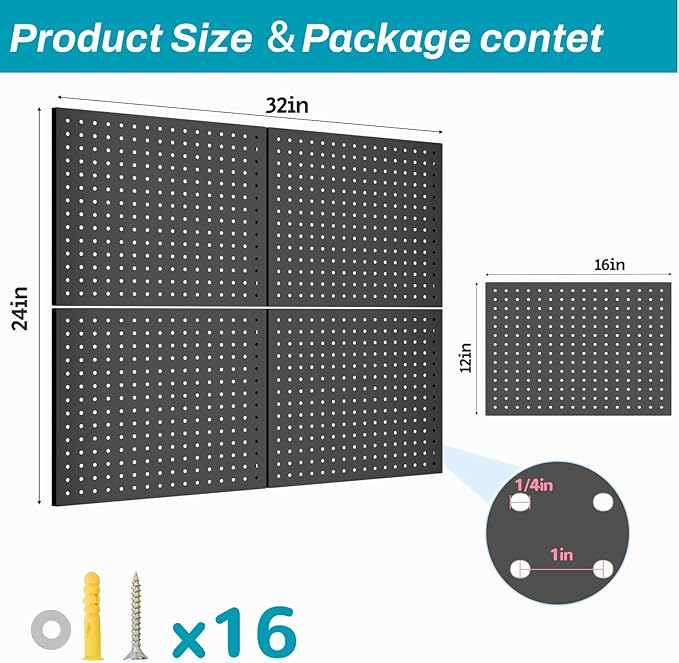 Peg Board,4 Pack Metal Pegboard Panels,Black Pegboard Wall Organizer,16"x12" Heavy Duty Peg Boards for Walls,Tools,Garage,Office,Kitchen