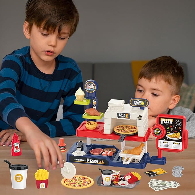 Kids Pizza Oven Play Set: Ice Cream Maker, Card Reader, Cash Register, Play Food (Pizza, Chicken Nuggets, Fries) Play Money - Educational Toy Kitchen Ages 3+
