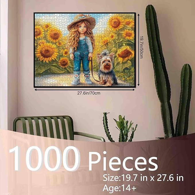 Tucocoo Whimsical Girl 1000 Piece Puzzle for Adults, Colorful Floral Dog Art Puzzle, Yorkshire Terrier in Sunflower Field Jigsaw, Challenging and Relaxing Gift for Puzzle Lovers, Home Decor 27x20Inch