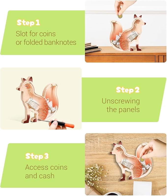 Wooden Fox Piggy Banks for Kids, Adorable Fox Piggy Bank with Acrylic Panels, Unbreakable Toddler Money Box for Girls Adults Boys, Cute Saving Coin Jar for Birthday Décor