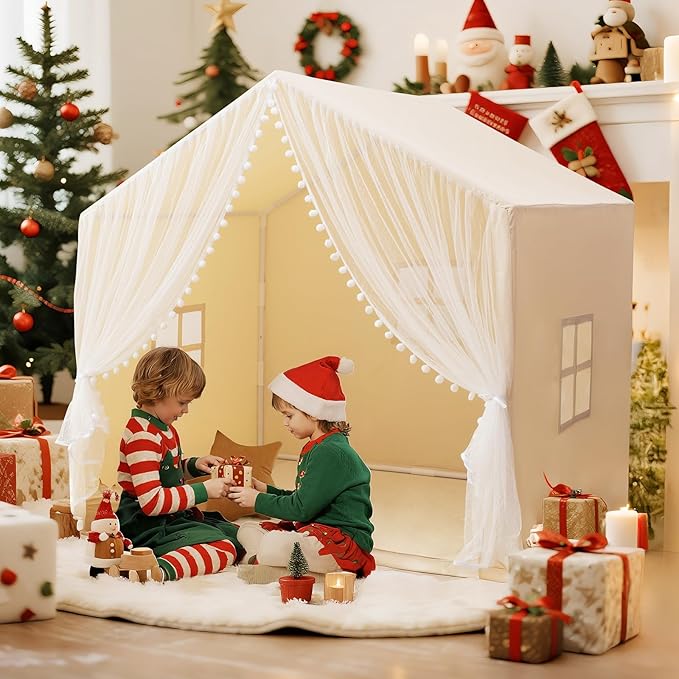 Large Kids Play Tent, 55.1in Length, Fits 3-4 Children,Indoor Playhouse for Kids, with Padded Mat and Lights, Bed Tent for Toddler, Birthday for Boys Girls