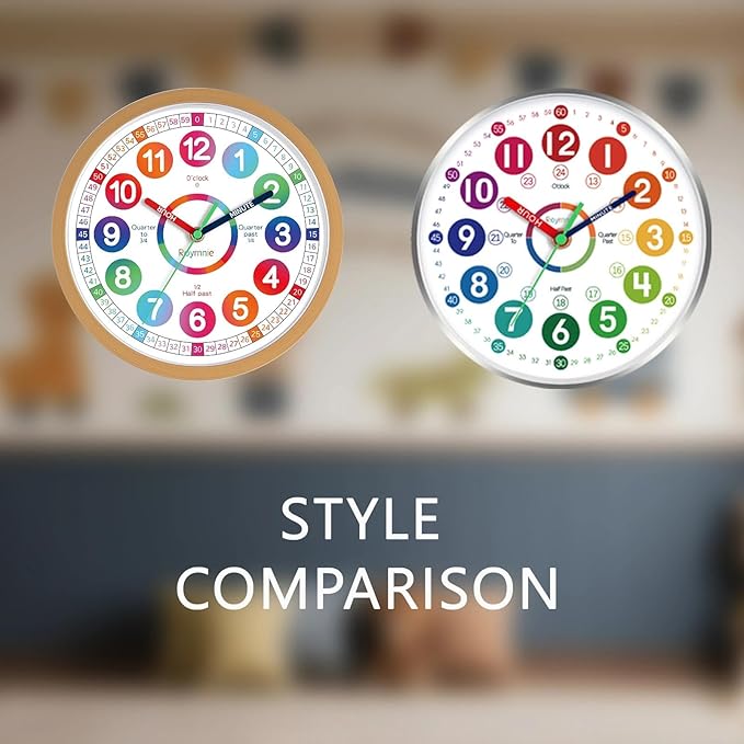 Wall Clock for Kids Learning - Teaching Time Wall Clocks Battery Operated Silent Non Ticking - Analog Colorful Clock Decorative for Kids Room Classroom School(14 Inch&Silver)