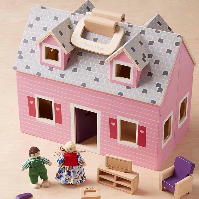 Melissa & Doug Fold and Go Wooden Dollhouse with 2 Dolls and Wooden Furniture,Multi,One Size