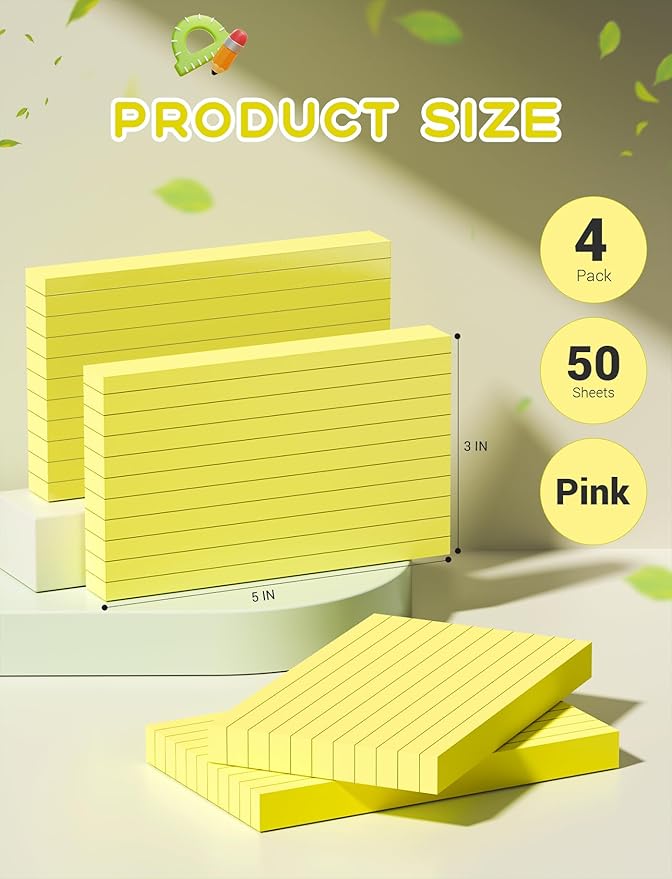 Yellow Index Cards 3x5, 200 PCS Notecards 3x5 Lined, Flashcards Note Cards 3 x 5 Thick Flash Cards Ruled Index Card, Single-Sided Ruled Lined 3 by 5 Index Cards for Studying Notes Taking